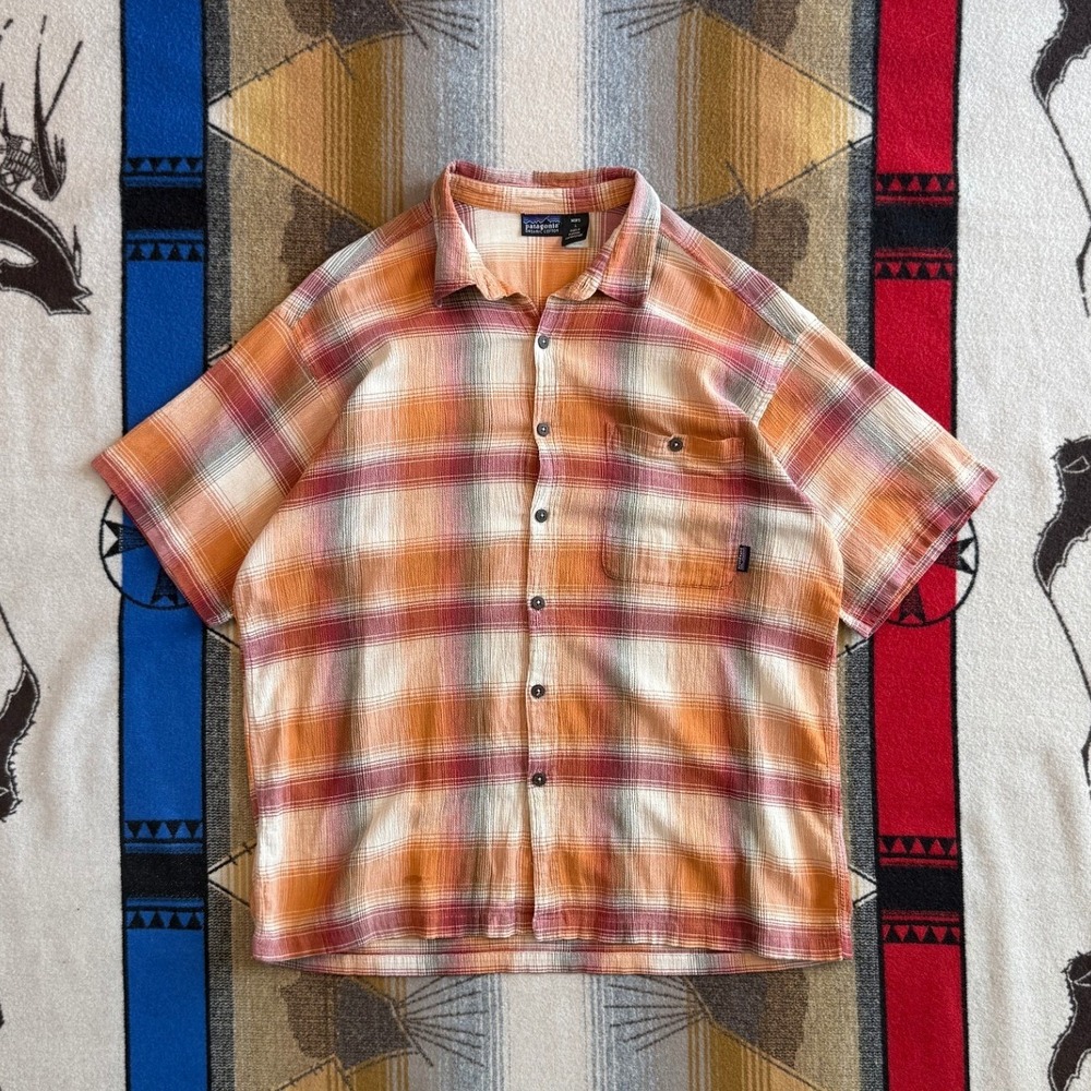Patagonia Mens Organic Cotton Plaid Short Sleeve Button Down Shirt Orange Large